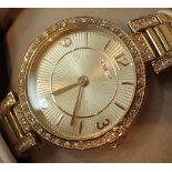 New old stock boxed ladies gold tone Timex wristwatch with diamante bezel and matching strap