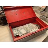 Metal cash box with mixed worldwide bank note contents etc