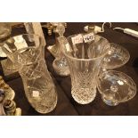 Two large crystal vases and two Edwardian etched glass tazzas and an Edwardian etched glass