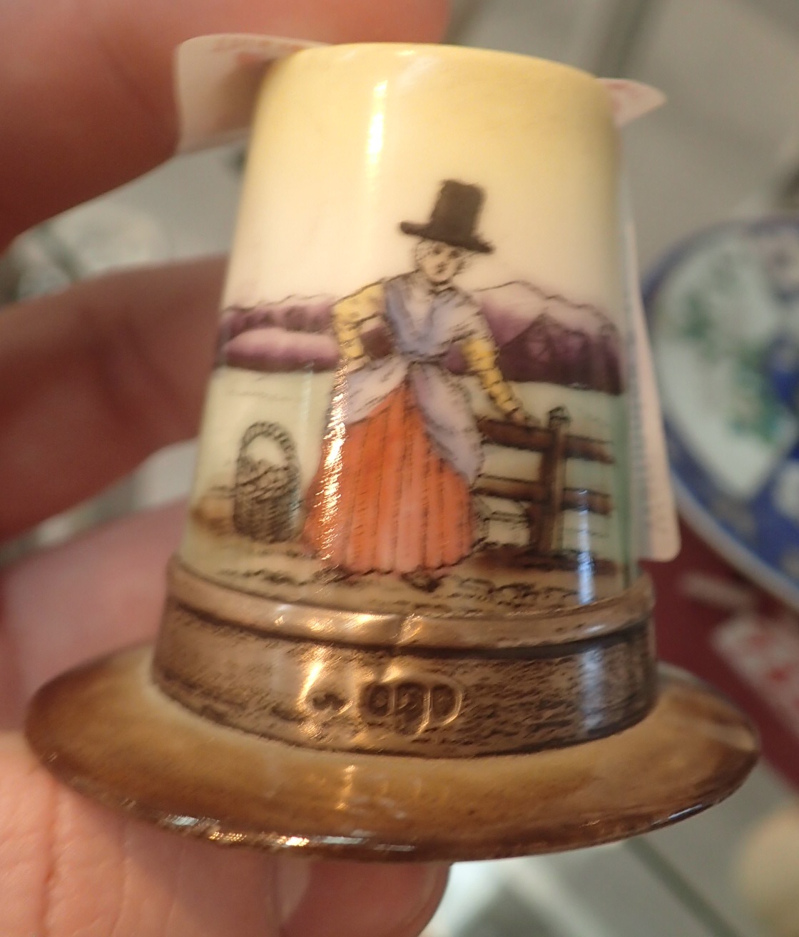 Welsh lady ceramic hat ornament with hallmarked silver band - Image 3 of 4