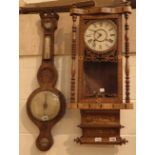 Inlaid walnut chiming clock with key and pendulum H: 89 cm