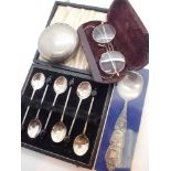 Selection of mixed items including gold rimmed spectacles snuff box Norwegian spoon and coffee bean