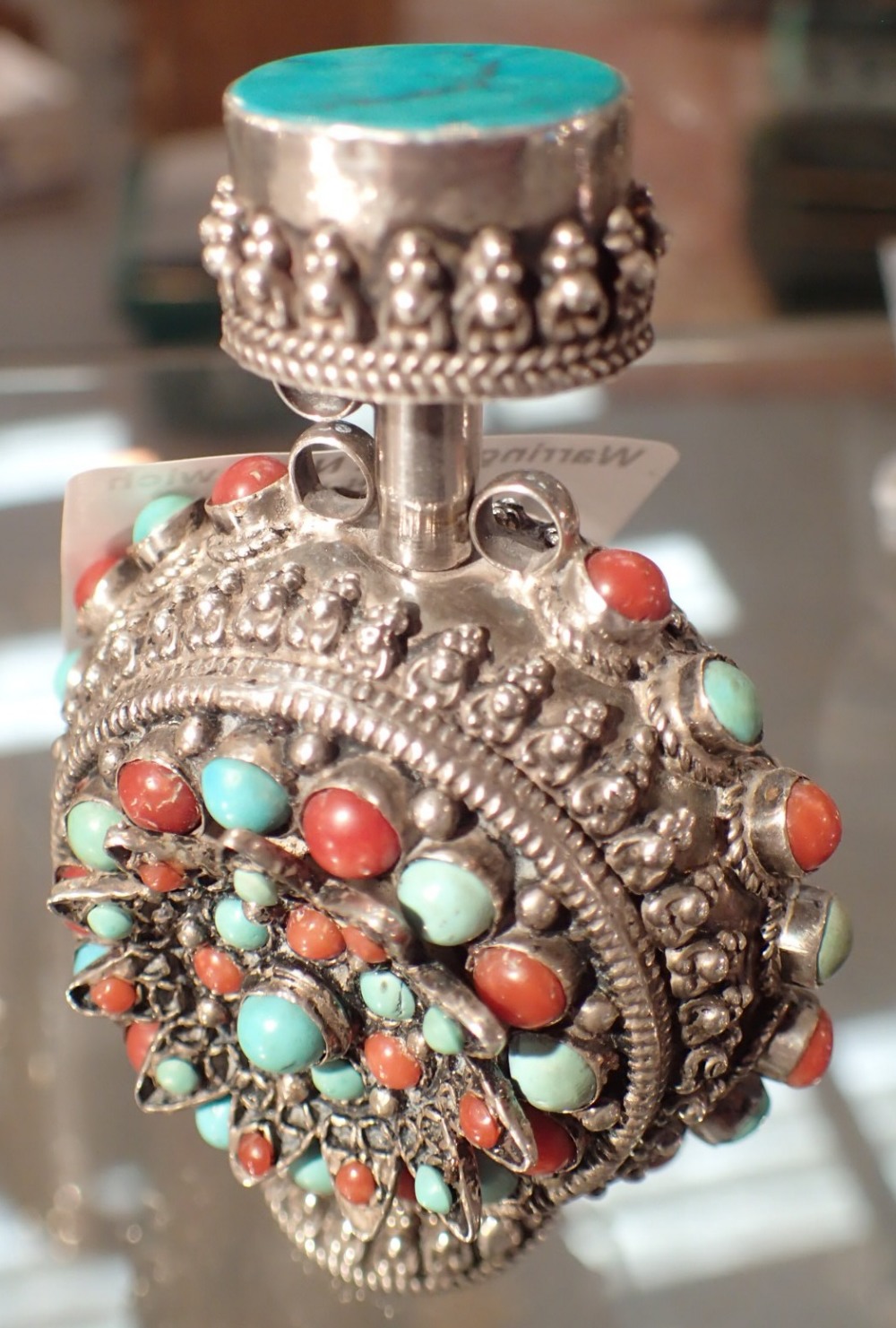 Chinese silver bloodstone and turquoise decorated perfume bottle 925 stamped to base