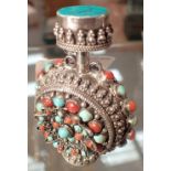 Chinese silver bloodstone and turquoise decorated perfume bottle 925 stamped to base