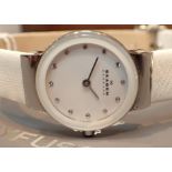 Boxed new old stock boxed ladies stainless steel white face Skagen wristwatch with diamante buttons