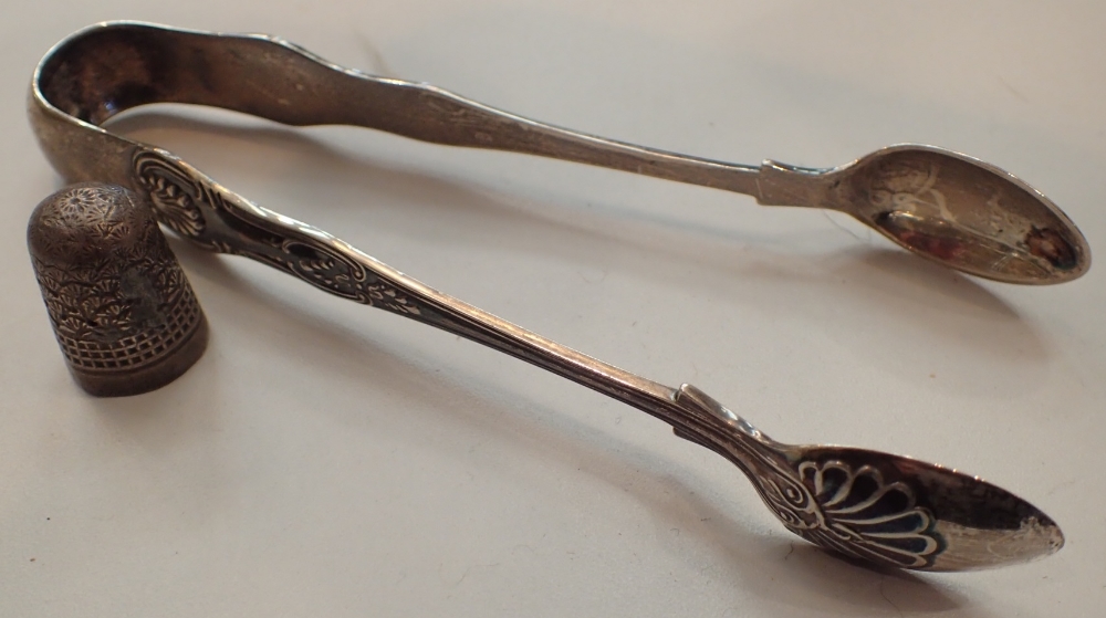 Charles Hohner hallmarked silver thimble and a pair of hallmarked silver sugar tongs