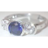 925 silver blue and white three stone ring size S