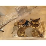 Mixed medals and coins and a damaged candle snuffer