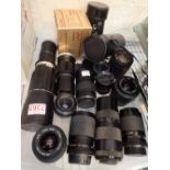 Tray of camera lenses including Sigma and Carl Zeiss Jena