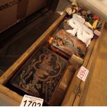 Box of mixed embroidery silks and wooden boxes