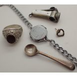 Mixed items including college ring small silver spoon assay Birmingham and a white metal and mother