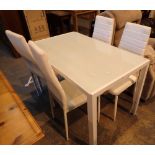 Modern white glass top table and four chairs