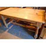 Pine dining table on turned supports with stretchers 150 x 75 cm