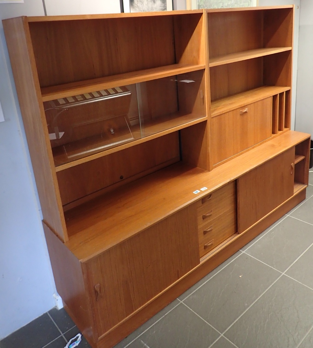 1970s Clausen and Son Danish teak wall unit with three central drawers and two sliding cupboards