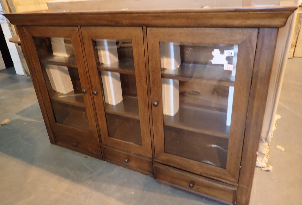 Large glazed top display unit with three glazed doors glass shelves above three drawers 170 x 110