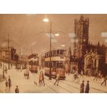 Framed and glazed print of Manchester trams signed Arthur Delaney limited edition 643 / 850 45 x 35