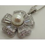 925 silver fancy synthetic pearl and cubic zirconia pendant on 925 chain