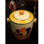 Clarice Cliff large lidded Crocus biscuit barrel H: 14 cm