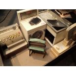 Collection of dolls furniture including washing machine scales etc