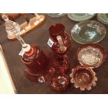 Six pieces of Cranberry glass large bell three small bowls and cup