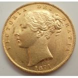 1871 young head shield back Victorian sovereign