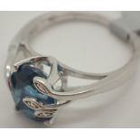 925 silver rhodium plated fancy blue stone ring size R / S