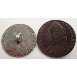Two George IV shillings 1787 and 1758 formed as buttons