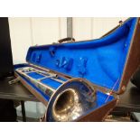 Cased Barratts of Manchester plated trombone lacking mouthpiece