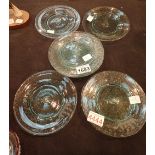 Set of eight handmade etched glass plates with unpolished pontils