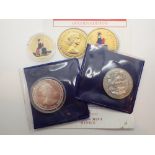 Three commemorative coins £5 golden edition Britannia penny Nelson crown