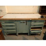 Army issue heavy pine work bench with three tiers of drawers and broad arrow stamp