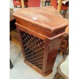 Mahogany wall hanging corner cabinet with wrought iron mesh front H: 90 cm