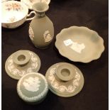 Five pieces of Wedgwood green Jasperware