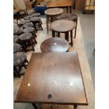 Seven wooden pub tables various sizes an