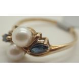 9ct gold sapphire and pearl ring size P