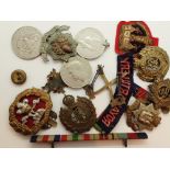 Mixture of British badges ( cloth and metal ) medals and ribbon bars