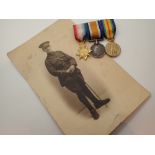 WWI strip of three miniature medals and photograph