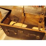 Large Victorian leather trunk with interior shelf manufacturers label John Handley and Sons Glasgow