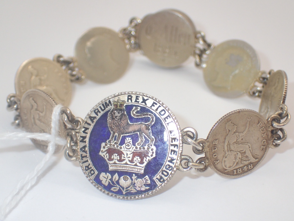 Unusual coin bracelet made from six Victorian 4 pence pieces 1846 and an enamelled 1809 shilling