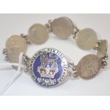 Unusual coin bracelet made from six Victorian 4 pence pieces 1846 and an enamelled 1809 shilling