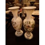 Pair of Victorian hand painted milk glass vases H: 34 cm