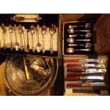 Collection of silver plate including an Art Nouveau set of teaspoons and tongs etc