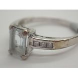 9ct white gold emerald cut aquamarine and diamond ring size P 2.