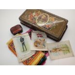 WWI Rowntree tin with crumb tray and contents of WWI period silk