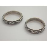 Two silver and gold vintage stone set bands size P and R