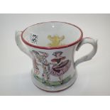 Antique double handled mug with clown and theatre decoration and double frog decorated interior H: