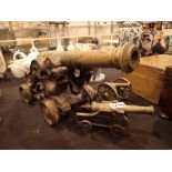 Large brass desk cannon on a cast iron carriage and two miniature cannons largest L: 40 cm