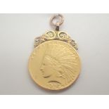 10 dollar Indian head USA coin with 9ct gold mount 18.