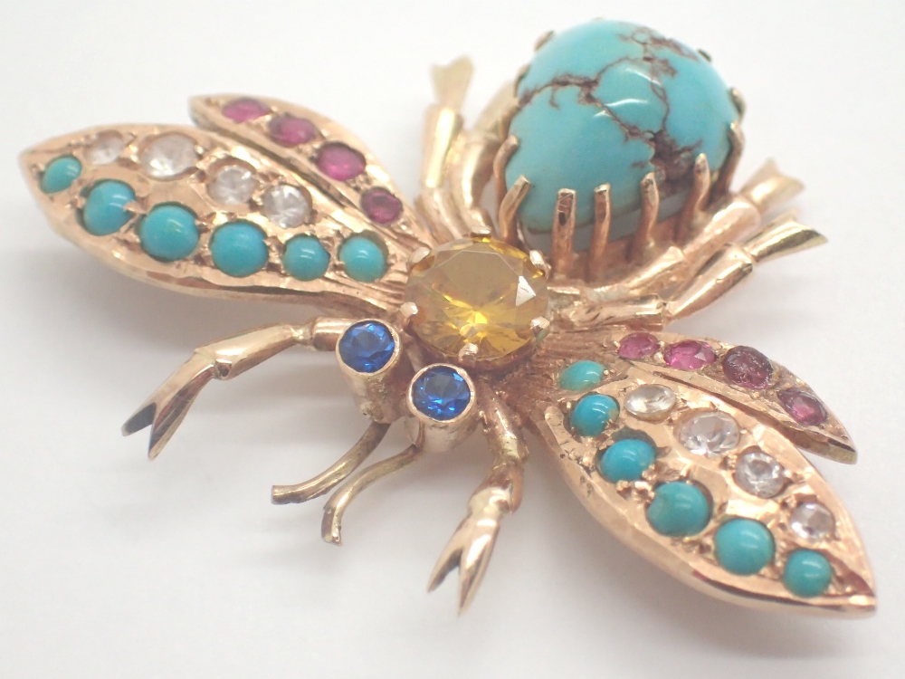 Egyptian high carat gold bee brooch with white stone ruby sapphire and turquoise decoration