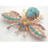 Egyptian high carat gold bee brooch with white stone ruby sapphire and turquoise decoration